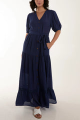 NAVY BUTTON THROUGH BELTED MAXI DRESS