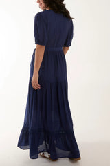 NAVY BUTTON THROUGH BELTED MAXI DRESS