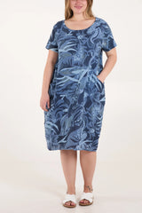 Denim Blue  Tropical Print Dress