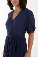 NAVY BUTTON THROUGH BELTED MAXI DRESS