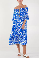 ROYAL BLUE SWIRL PRINT BARDOT MIDI DRESS