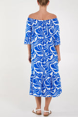 ROYAL BLUE SWIRL PRINT BARDOT MIDI DRESS