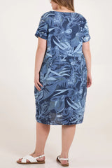 Denim Blue  Tropical Print Dress